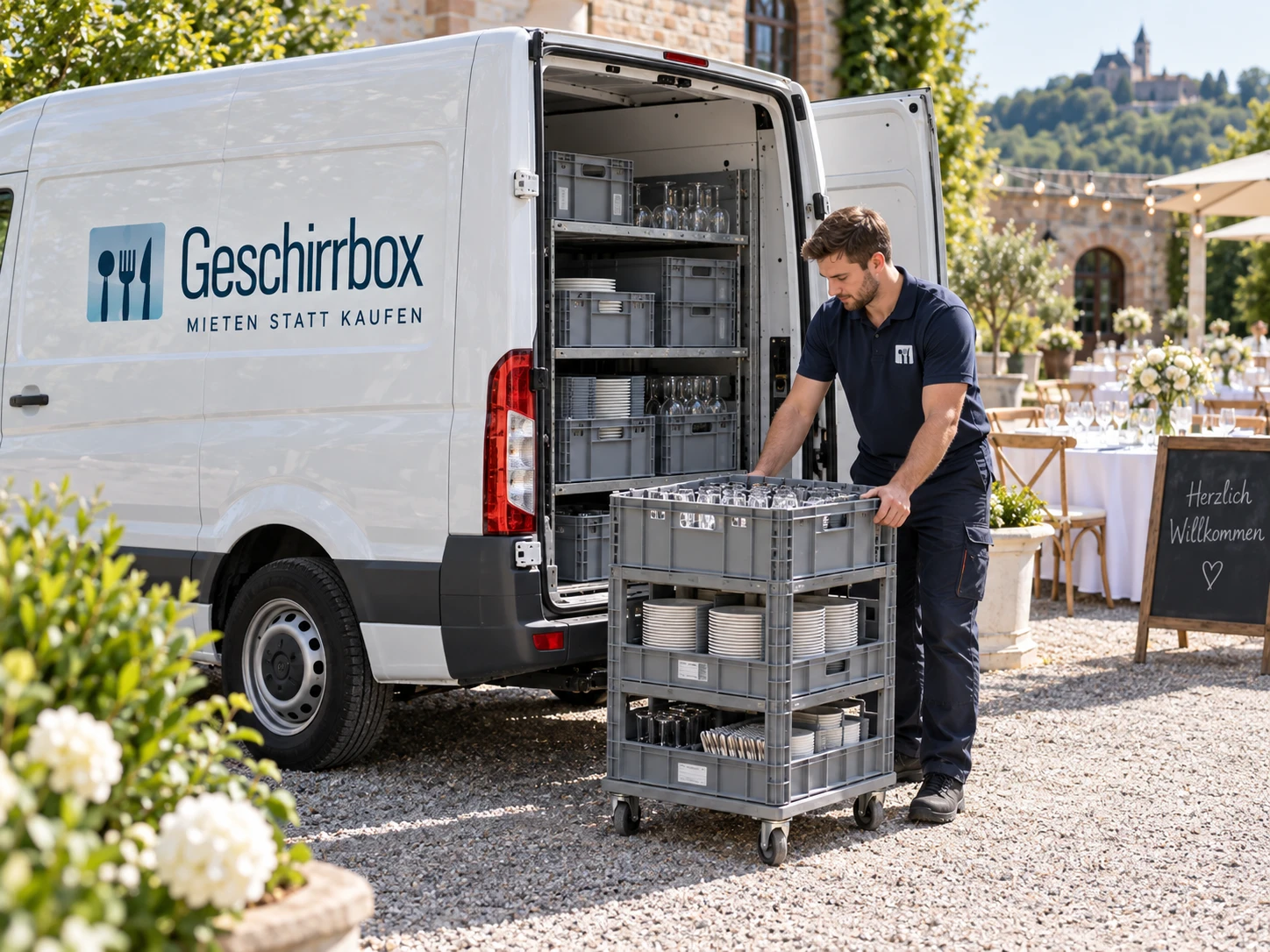 Lieferwagen der Geschirrbox, ein Fahrer rollt Kisten zur Feier