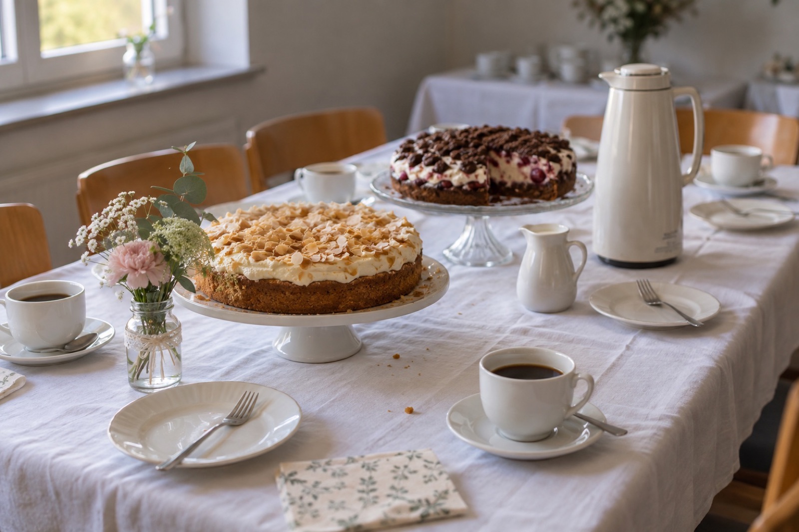 Kaffeetafel mit Kuchen und weißem Porzellan