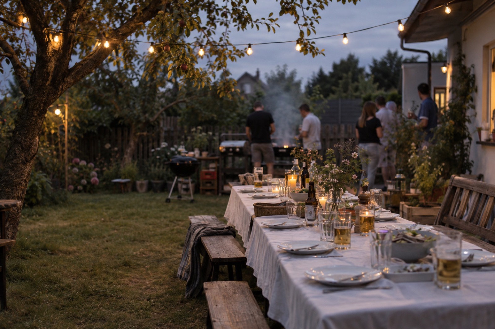 Lange Tafel im Garten unter Lichterketten