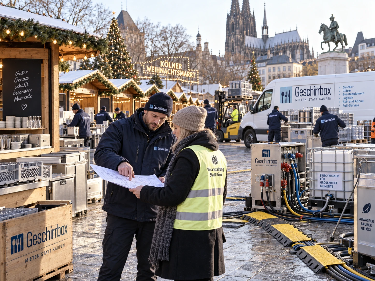 Planbesprechung mit der Stadt auf einem Weihnachtsmarkt, daneben Frisch- und Abwassertechnik und ein Lieferwagen der Geschirrbox